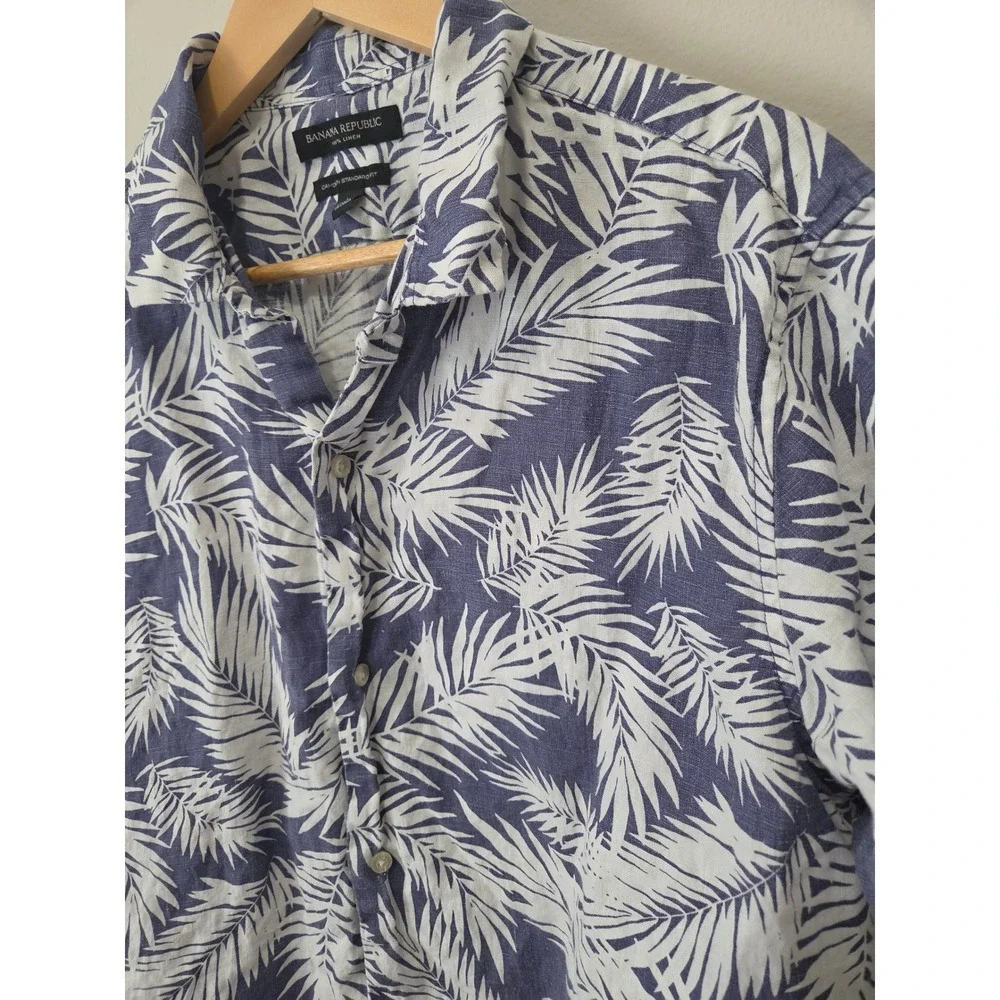Banana Republic Mens Blue White Linen Palm Leaf Camden Standard Fit Shirt Large